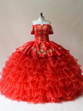  Sleeveless Embroidery and Ruffled Layers Lace Up Quince Ball Gowns