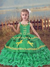  Beading and Embroidery and Ruffled Layers Kids Pageant Dress Turquoise Lace Up Sleeveless Floor Length