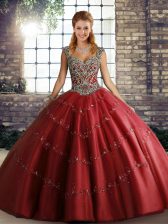 Low Price Wine Red Tulle Lace Up Straps Sleeveless Floor Length Sweet 16 Dress Beading and Appliques
