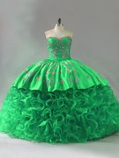 Shining Green Fabric With Rolling Flowers Lace Up 15th Birthday Dress Sleeveless Embroidery and Ruffles