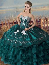  Sleeveless Satin and Organza Floor Length Lace Up Quinceanera Gowns in Peacock Green with Embroidery and Ruffles