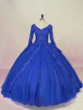 New Style Ball Gowns Quinceanera Dress Royal Blue V-neck Tulle Long Sleeves Lace Up