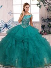 Deluxe Scoop Sleeveless Zipper Quinceanera Gown Turquoise Organza