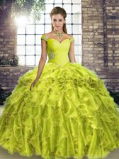  Organza Sleeveless Vestidos de Quinceanera Brush Train and Beading and Ruffles