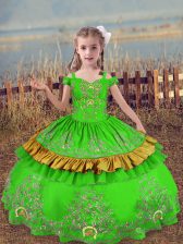 Amazing Satin Lace Up Off The Shoulder Sleeveless Floor Length Custom Made Pageant Dress Beading and Embroidery