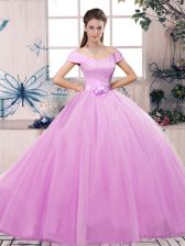 High End Lace and Hand Made Flower 15th Birthday Dress Lilac Lace Up Short Sleeves Floor Length