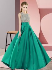  Scoop Sleeveless Homecoming Dress Floor Length Beading Turquoise Elastic Woven Satin