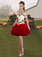 Suitable Sleeveless Tulle Mini Length Lace Up Prom Gown in Wine Red with Embroidery and Ruffles