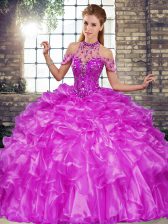  Purple Sleeveless Floor Length Beading and Ruffles Lace Up Sweet 16 Dress