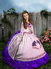 Adorable Straps Sleeveless Little Girl Pageant Dress Sweep Train Embroidery and Ruffles White Satin and Organza
