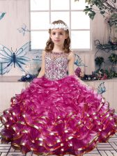  Sleeveless Floor Length Beading and Ruffles Lace Up Little Girl Pageant Dress with Fuchsia