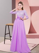 Glorious Lilac Chiffon Side Zipper Scoop 3 4 Length Sleeve Floor Length Damas Dress Lace and Belt