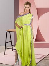 Customized One Shoulder Sleeveless Evening Dress Asymmetrical Sequins Yellow Green Chiffon
