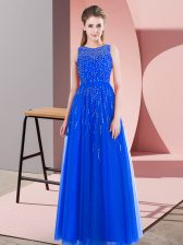  Scoop Sleeveless Homecoming Dress Floor Length Beading Blue Tulle