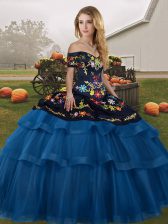 Fashionable Sleeveless Embroidery and Ruffled Layers Lace Up Quinceanera Dresses with Blue And Black Brush Train