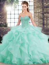  Sleeveless Brush Train Beading and Ruffles Lace Up 15th Birthday Dress