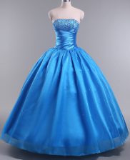  Floor Length Blue 15 Quinceanera Dress Strapless Sleeveless Lace Up
