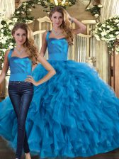  Blue Lace Up Halter Top Ruffles Vestidos de Quinceanera Tulle Sleeveless