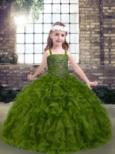  Olive Green Ball Gowns Organza Straps Sleeveless Beading and Ruffles Floor Length Lace Up Child Pageant Dress