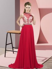 Cute Red Chiffon Backless Prom Dress Sleeveless Brush Train Beading