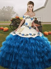 Fantastic Blue And White Lace Up Off The Shoulder Embroidery and Ruffled Layers Sweet 16 Dress Organza Sleeveless