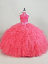  Tulle Halter Top Sleeveless Lace Up Beading and Ruffles 15th Birthday Dress in Pink 