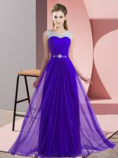New Style Chiffon Scoop Sleeveless Lace Up Beading Court Dresses for Sweet 16 in Purple