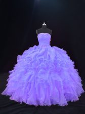 Unique Ball Gowns 15th Birthday Dress Purple Strapless Organza Sleeveless Floor Length Lace Up