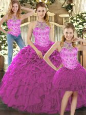  Fuchsia Halter Top Lace Up Beading and Ruffles Sweet 16 Dresses Sleeveless