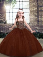  Brown Ball Gowns Straps Sleeveless Tulle Floor Length Lace Up Beading Girls Pageant Dresses