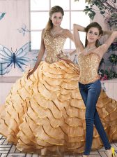 Beautiful Sweetheart Sleeveless Brush Train Lace Up Sweet 16 Dresses Gold Organza