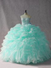 Pretty Apple Green Strapless Side Zipper Beading and Ruffles and Pick Ups Quinceanera Dress Brush Train Sleeveless