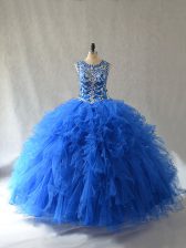  Blue Scoop Neckline Beading and Ruffles Ball Gown Prom Dress Sleeveless Side Zipper