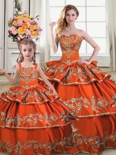 New Arrival Satin and Organza Sleeveless Floor Length Quinceanera Gowns and Embroidery and Ruffled Layers