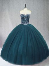 Inexpensive Floor Length Peacock Green Quinceanera Gowns Tulle Sleeveless Beading