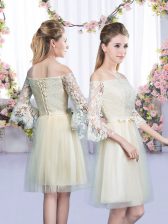 Fabulous Champagne Empire Off The Shoulder 3 4 Length Sleeve Tulle Mini Length Lace Up Lace and Bowknot Quinceanera Court Dresses