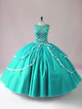 High Quality Turquoise Ball Gowns Tulle Scoop Sleeveless Beading Floor Length Zipper Quince Ball Gowns