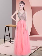 New Arrival Floor Length Watermelon Red Prom Dress Tulle Sleeveless Beading