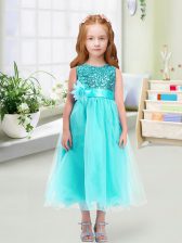 Ideal Aqua Blue Empire Scoop Sleeveless Organza Tea Length Zipper Sequins and Hand Made Flower Flower Girl Dresses for Less