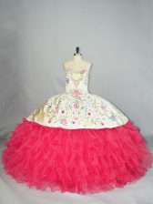Adorable White And Red Ball Gowns Embroidery and Ruffles Quinceanera Dresses Lace Up Organza Sleeveless Floor Length