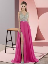  Hot Pink Empire V-neck Sleeveless Chiffon Sweep Train Zipper Beading Prom Dresses