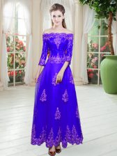  Floor Length A-line 3 4 Length Sleeve Purple Prom Gown Lace Up