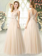 Delicate Champagne Tulle Zipper Prom Gown Sleeveless Floor Length Appliques