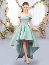 Lovely High Low Apple Green Vestidos de Damas Satin Sleeveless Appliques