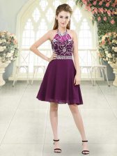  Purple A-line Chiffon Halter Top Sleeveless Beading Knee Length Zipper 