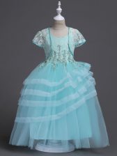  Spaghetti Straps Sleeveless Toddler Flower Girl Dress Floor Length Appliques Aqua Blue Tulle