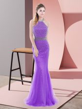  Halter Top Sleeveless Sweep Train Backless Homecoming Dress Purple Tulle