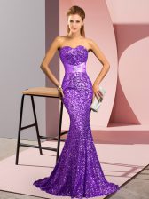 Fine Purple Sleeveless Beading Backless Prom Evening Gown