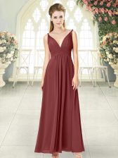Flare Sleeveless Chiffon Floor Length Backless Prom Dress in Wine Red with Ruching