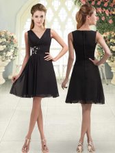  Black A-line V-neck Sleeveless Chiffon Mini Length Zipper Beading 